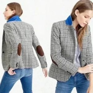 J.Crew Blazer Jacket Wool Houndstooth Navy Brown Elbow Patches Size 4